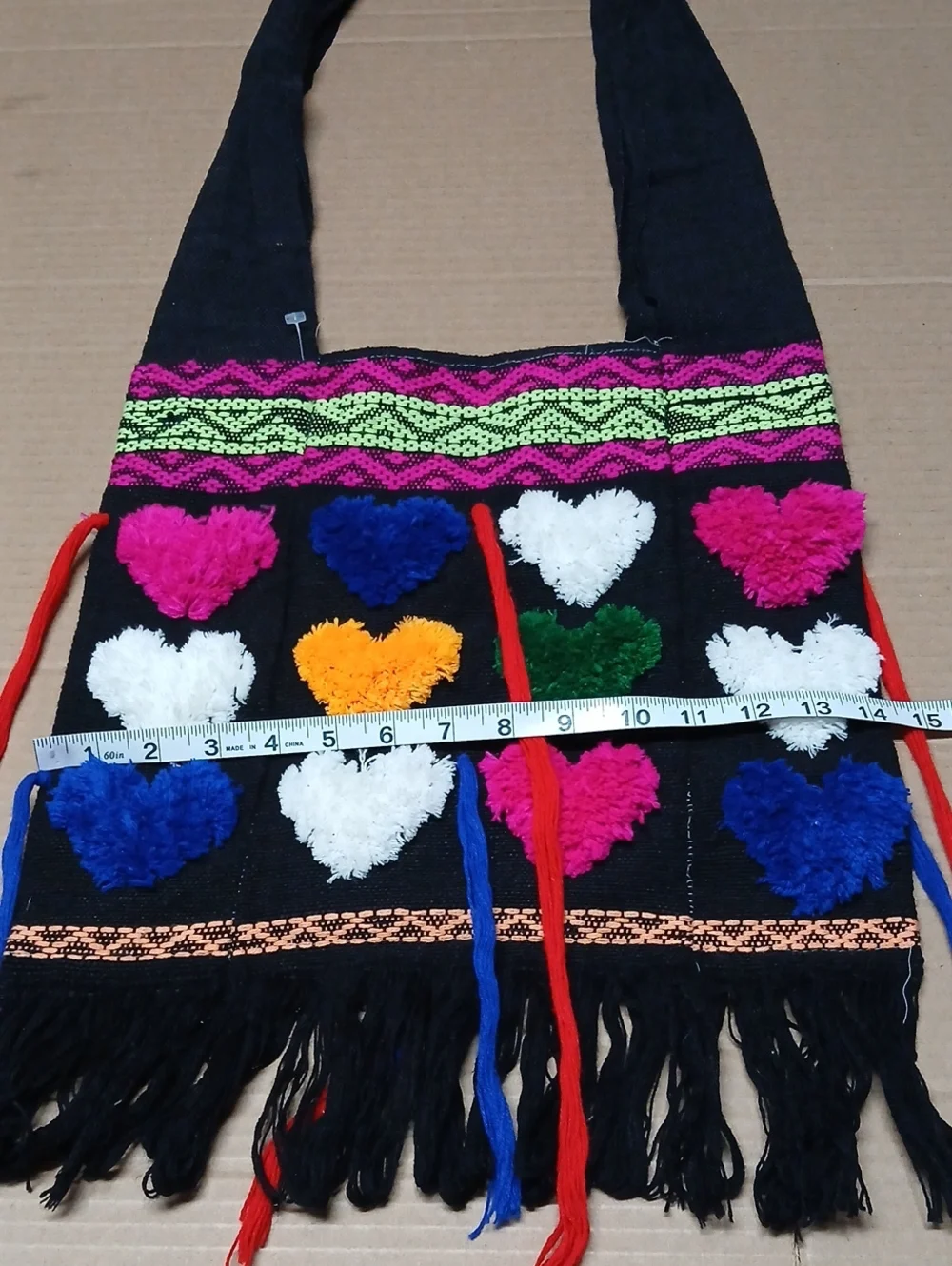 Boho Woven Fabric Hobo Shoulder Bag Black Fringe w/ Multicolor Fuzzy Hearts